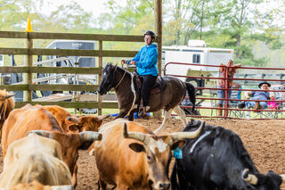 A customer building their confidence while working with cows during a Horse Help retreat, emphasizing personal growth and overcoming challenges.