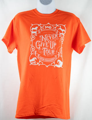An eye-catching orange Horse Help unisex shirt with the Never Give Up tour logo prominently displayed, perfect for showing support and enthusiasm during the event.