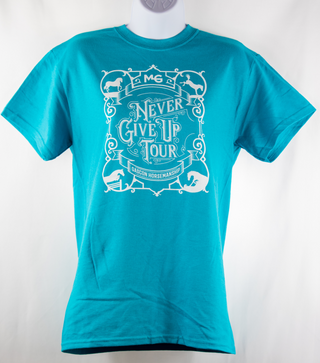 An eye-catching turquoise Horse Help unisex shirt with the Never Give Up tour logo prominently displayed, perfect for showing support and enthusiasm during the event.